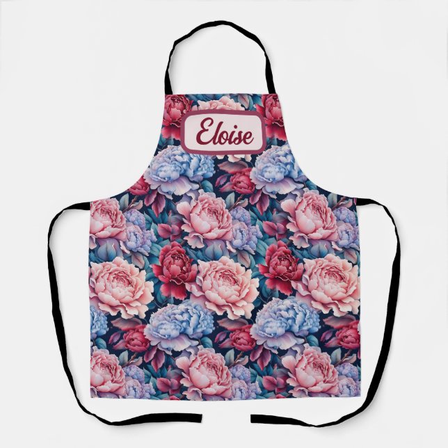 Blue and Pink Flowers Personalized Apron (Front)