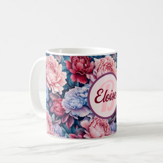 Blue and Pink Flowers Personalized Coffee Mug (Front Left)