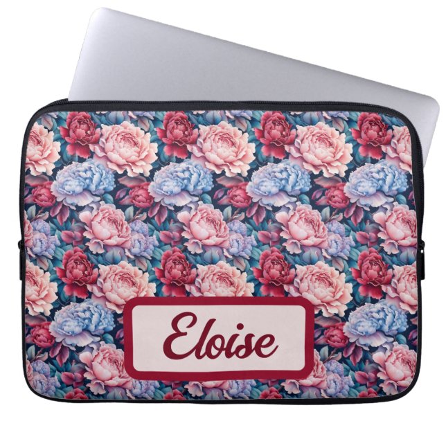 Blue and Pink Flowers Personalized Laptop Sleeve (Front)