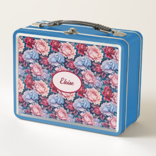 Blue and Pink Flowers Personalized Metal Lunch Box