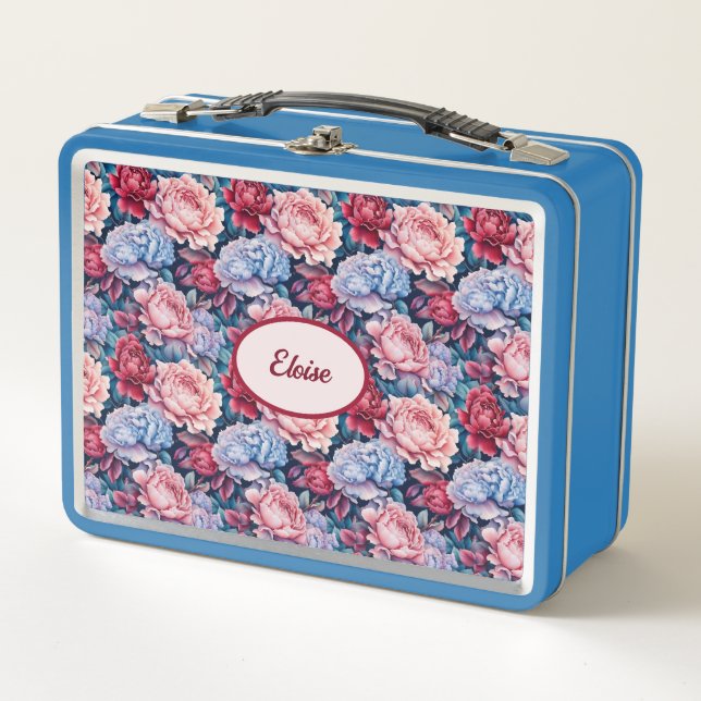 Blue and Pink Flowers Personalized Metal Lunch Box (Front)