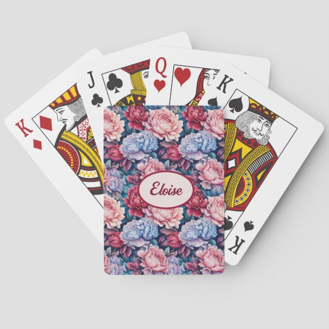 Blue and Pink Flowers Personalized Poker Cards (Back)