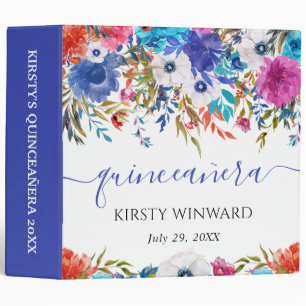 Blue and Pink Flowers Quinceanera Photo Album 3 Ring Binder