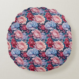 Blue and Pink Flowers Round Pillow