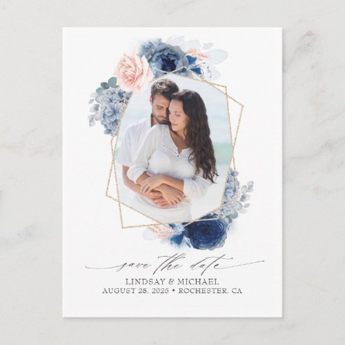 Blue and Pink Flowers Save the Date Photo Announcement Postcard