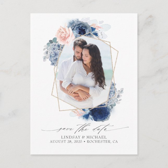 Blue and Pink Flowers Save the Date Photo Announcement Postcard (Front)