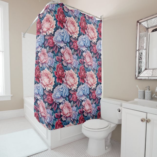 Blue and Pink Flowers Shower Curtain (In Situ)