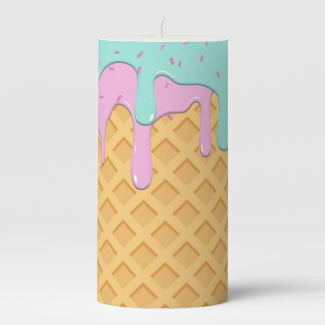 Blue and Pink Frosted Ice Cream Cone Pillar Candle (Front)