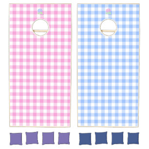 blue and pink gingham cornhole set