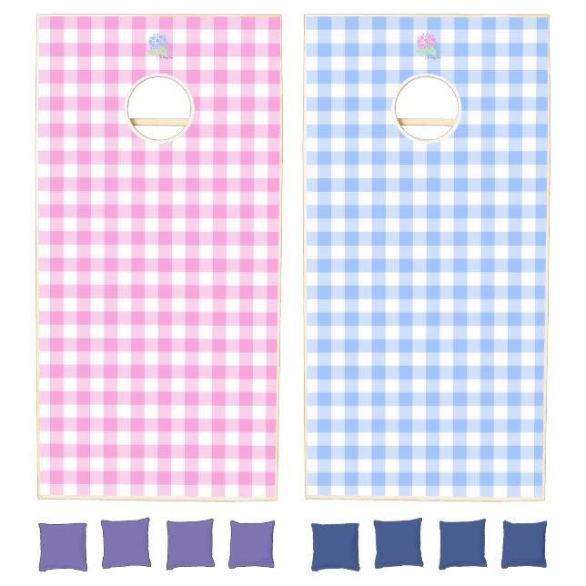 blue and pink gingham cornhole set (Set)