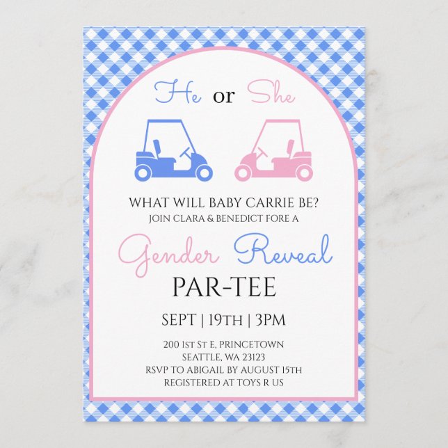 Blue And Pink Gingham Golf Gender Reveal Invitation (Front)