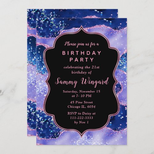 Blue and Pink Glitter Ocean Agate Birthday Invitation