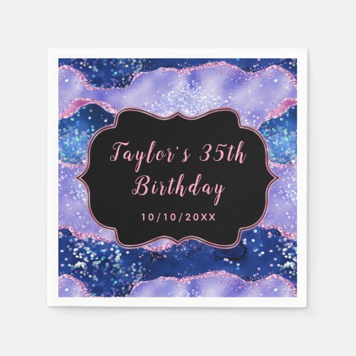 Blue and Pink Glitter Ocean Agate Birthday Napkins