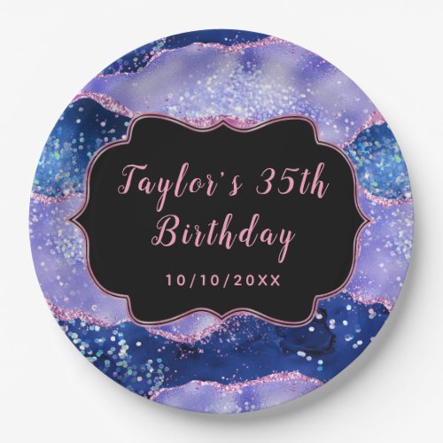 Blue and Pink Glitter Ocean Agate Birthday Paper Plates