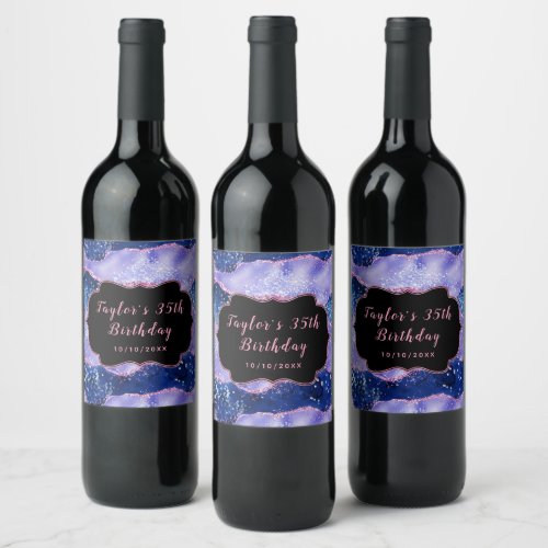 Blue and Pink Glitter Ocean Agate Birthday Wine Label