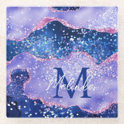 Blue and Pink Glitter Ocean Agate Glass Coaster