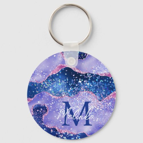 Blue and Pink Glitter Ocean Agate Keychain