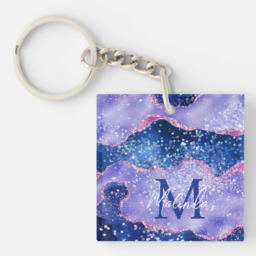Blue and Pink Glitter Ocean Agate Keychain