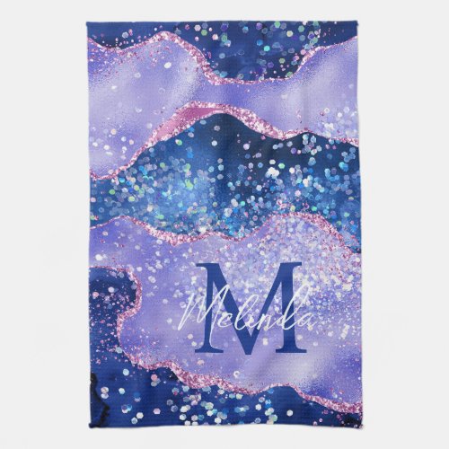 Blue and Pink Glitter Ocean Agate Kitchen Towel