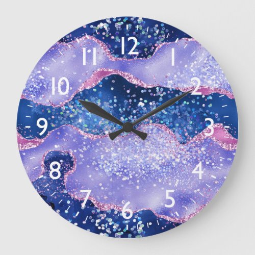 Blue and Pink Glitter Ocean Agate Large Clock
