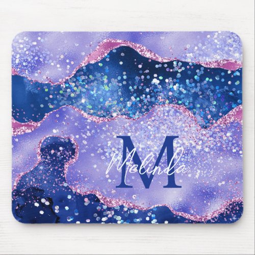 Blue and Pink Glitter Ocean Agate Mouse Pad