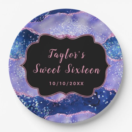 Blue and Pink Glitter Ocean Agate Sweet Sixteen Paper Plates