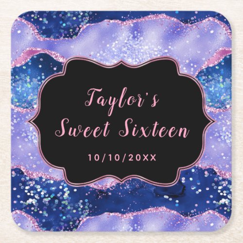 Blue and Pink Glitter Ocean Agate Sweet Sixteen Square Paper Coaster
