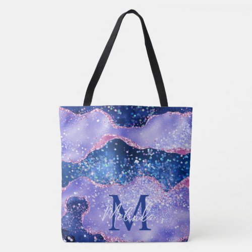 Blue and Pink Glitter Ocean Agate Tote Bag