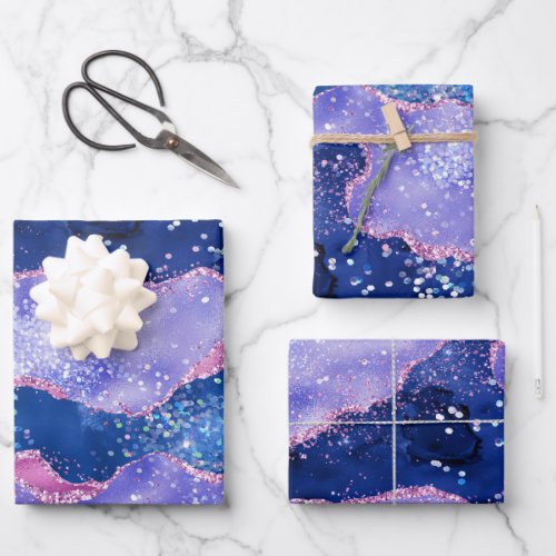 Blue and Pink Glitter Ocean Agate Wrapping Paper Sheets