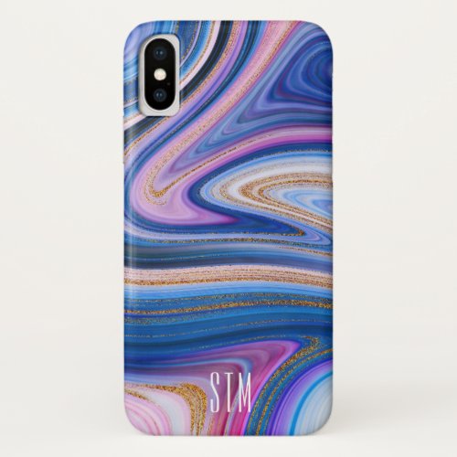 Blue and Pink Gold Marble Agate Monogram iPhone X Case