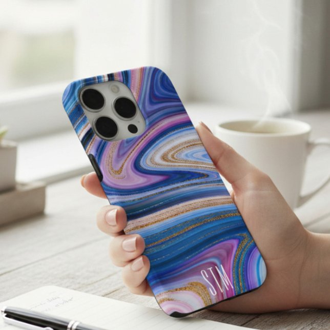 Blue and Pink Gold Marble Agate Monogram Case-Mate iPhone Case (Creator Uploaded)
