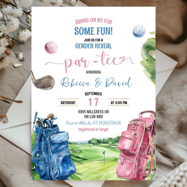 Blue and Pink Golf Theme Gender Reveal Par Tee Invitation (Creator Uploaded)