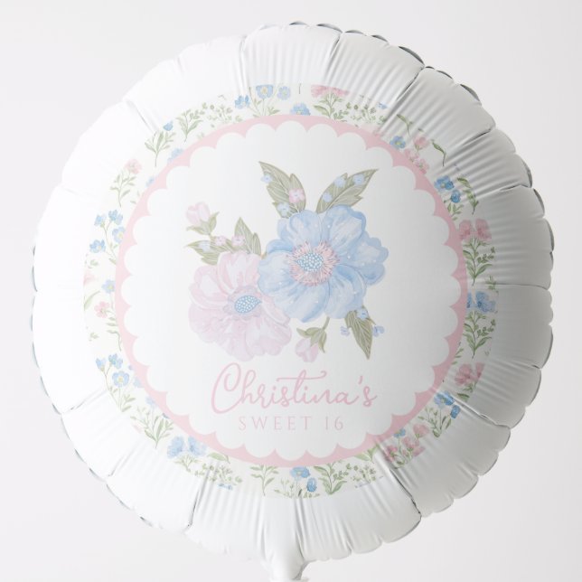 Blue and Pink Grandmillennial Floral Sweet 16 Balloon (Front)
