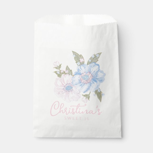 Blue and Pink Grandmillennial Floral Sweet 16 Favor Bag (Front)