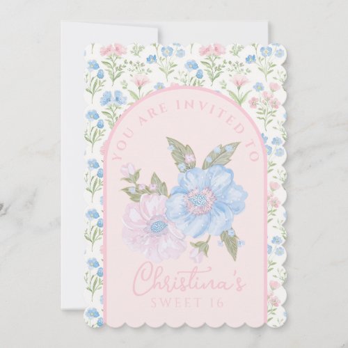 Blue and Pink Grandmillennial Floral Sweet 16 Invitation
