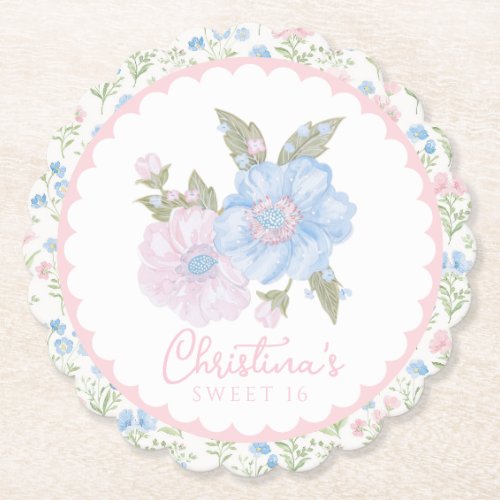 Blue and Pink Grandmillennial Floral Sweet 16 Paper Coaster