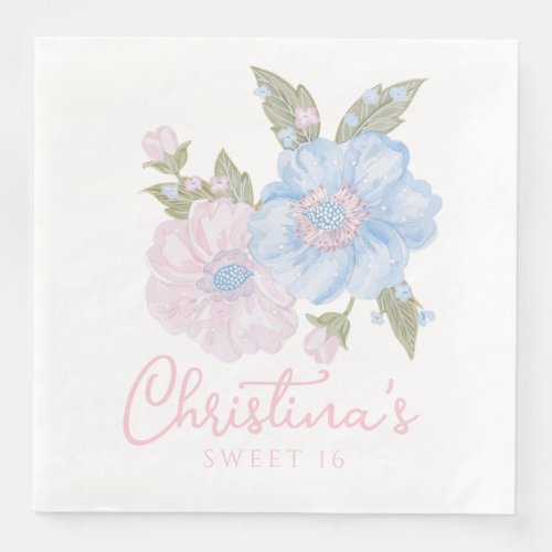 Blue and Pink Grandmillennial Floral Sweet 16 Paper Dinner Napkins
