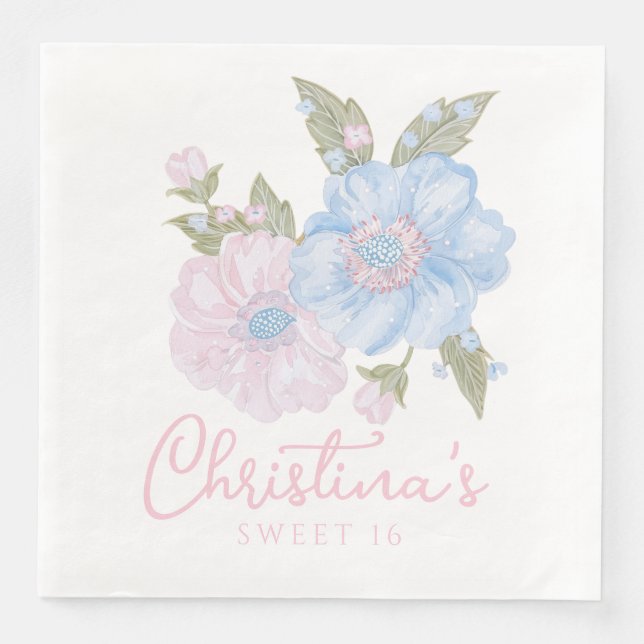 Blue and Pink Grandmillennial Floral Sweet 16 Paper Dinner Napkins (Front)