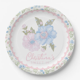 Blue and Pink Grandmillennial Floral Sweet 16 Paper Plates