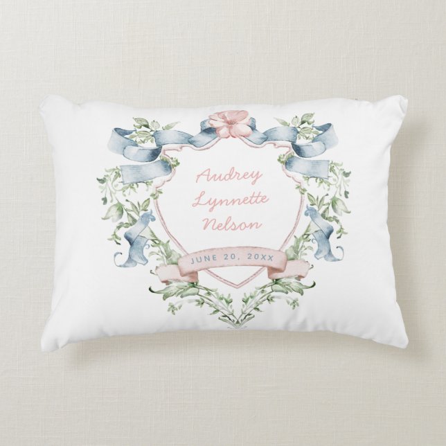 Blue and Pink Grandmillennial Ribbon Crest Baby Accent Pillow (Front)