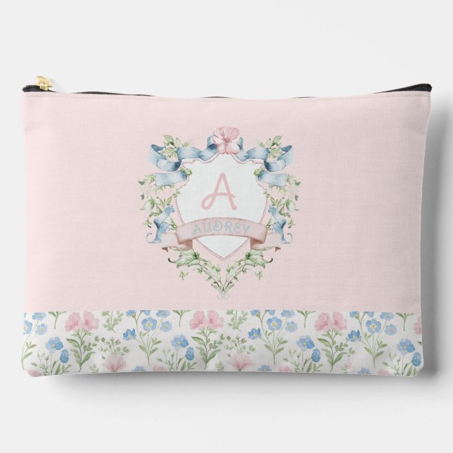 Blue and Pink Grandmillennial Ribbon Crest  Baby  Accessory Pouch (Front)