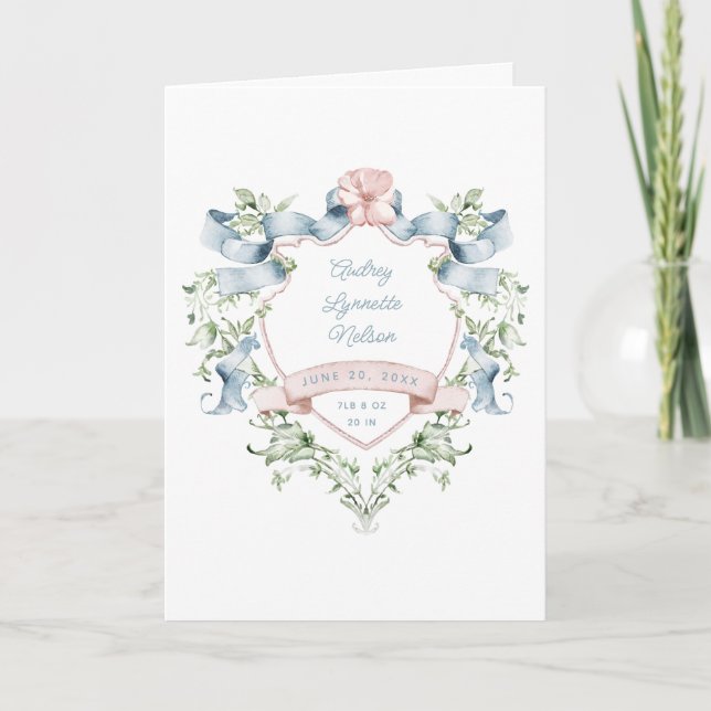 Blue and Pink Grandmillennial Ribbon Crest Baby  Announcement (Front)