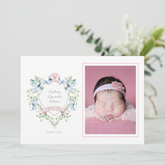 Blue and Pink Grandmillennial Ribbon Crest Baby  Announcement (Standing Front)