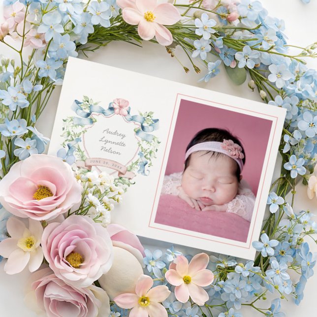 Blue and Pink Grandmillennial Ribbon Crest Baby  Announcement (Creator Uploaded)