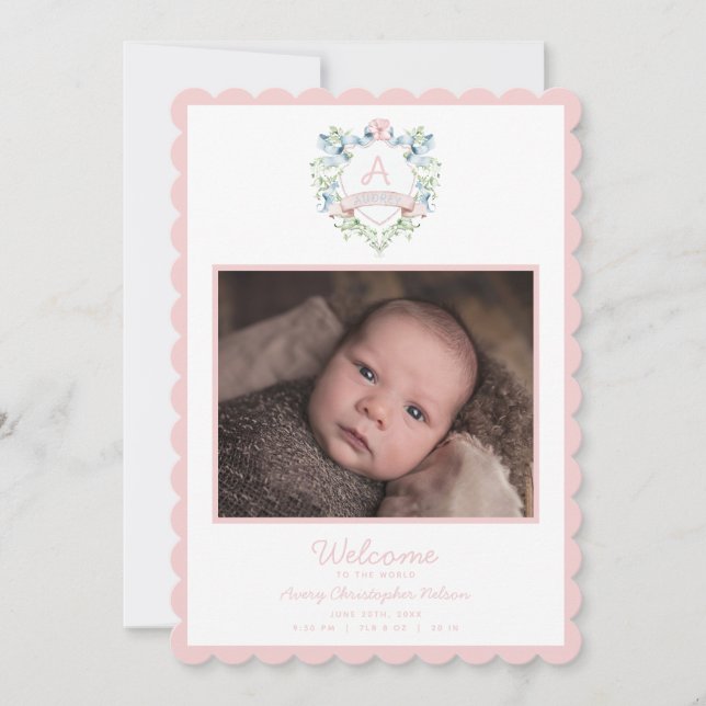 Blue and Pink Grandmillennial Ribbon Crest Baby  Announcement (Front)