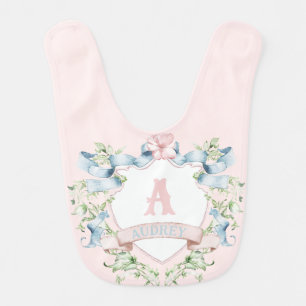 Blue and Pink Grandmillennial Ribbon Crest Baby Bib