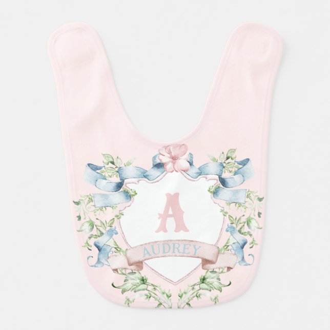 Blue and Pink Grandmillennial Ribbon Crest  Baby Bib (Front)