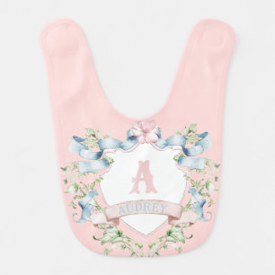 Blue and Pink Grandmillennial Ribbon Crest  Baby Bib
