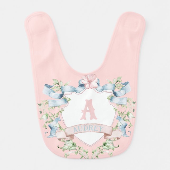 Blue and Pink Grandmillennial Ribbon Crest  Baby Bib (Front)