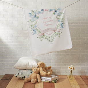 Blue and Pink Grandmillennial Ribbon Crest  Baby Blanket